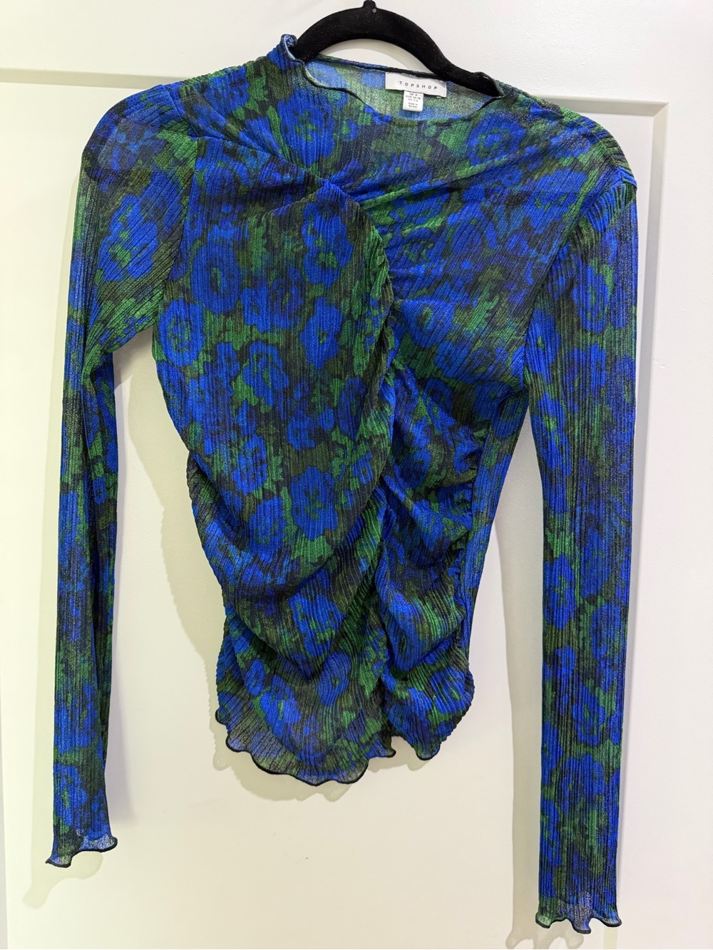 Topshop Blue & Green Floral Long-Sleeve Sheer Top